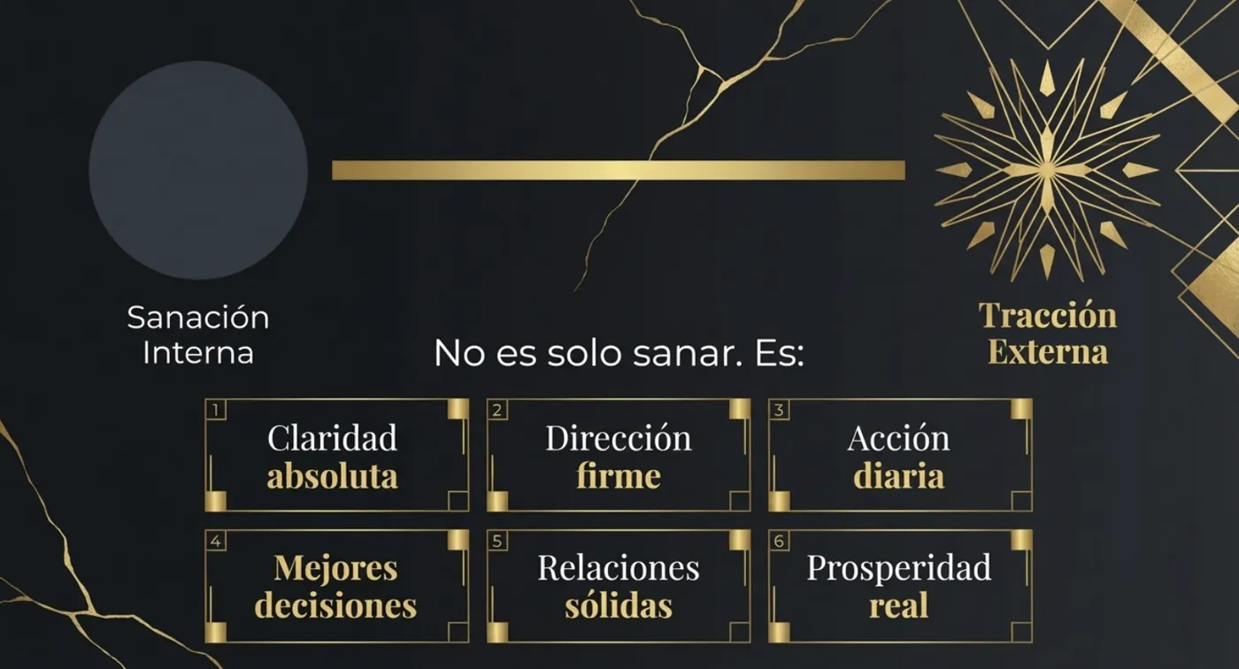 No es solo sanar: de la sanación interna a la tracción externa. Claridad absoluta, dirección firme, acción diaria, mejores decisiones, relaciones sólidas y prosperidad real.